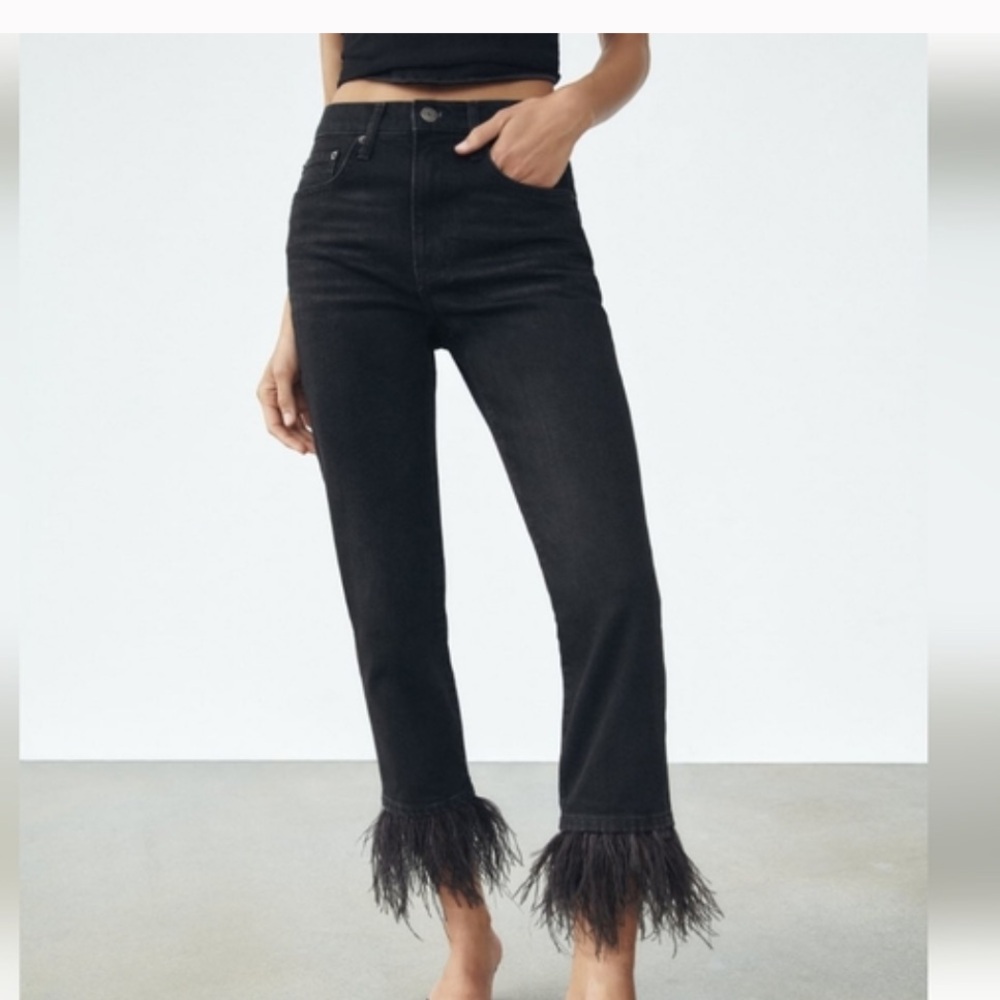 Zara feather trim jeans